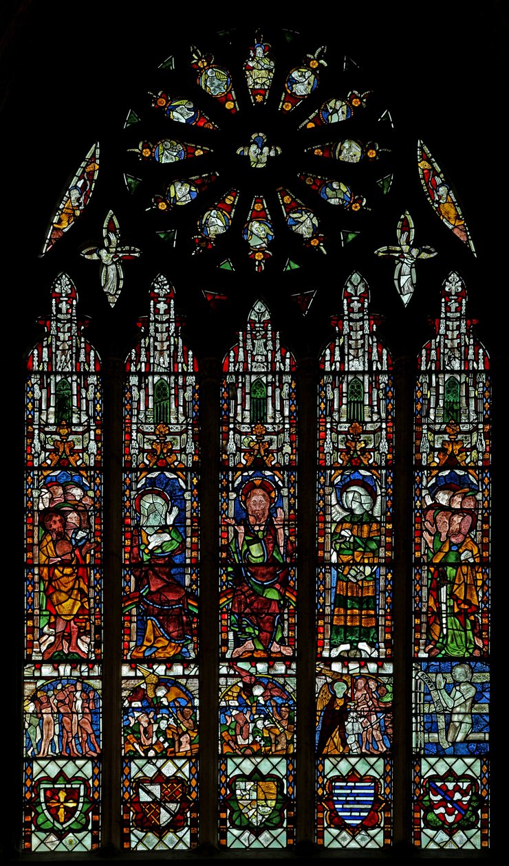 E-vinduet som viser den siste dommen: Kristus, Jomfru Maria, St John Baptist (rosevindu - internt) av English School