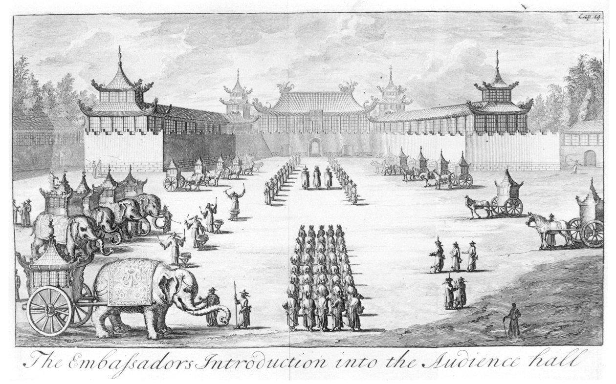 Embassadørene introduksjon til publikumssalen: mottakelse i det kinesiske keiserpalasset i Beijing for tsar Peter den stores ambassade ledet av Evert Isbrandz. Ides, fra Three Years Travels from Mo av English School