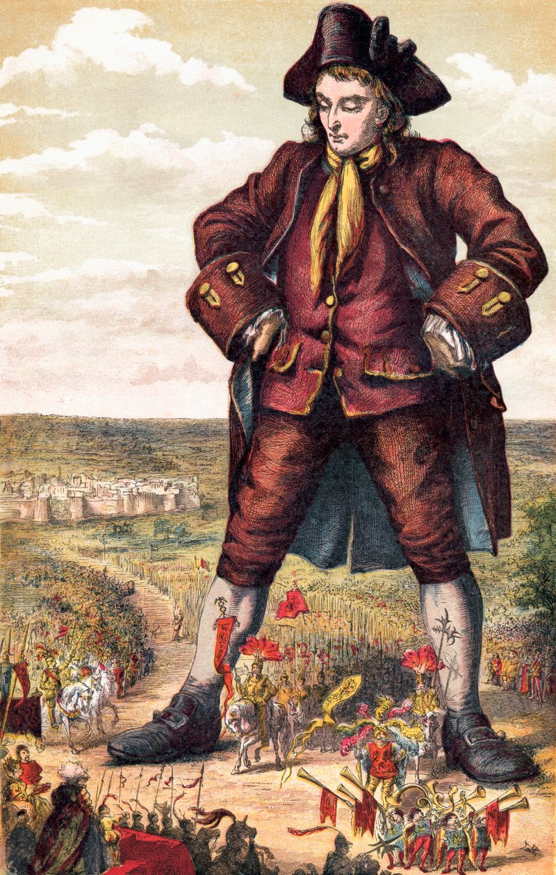 Keiseren av Lilliput og hans hær marsjerer mellom Gullivers ben, fra 'Gulliver's Travels av Jonathan Swift, utgitt ca. 1880 (farge litho) av English School