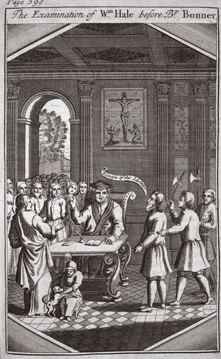 Undersøkelsen av Wm Hale før biskop Bonner, illustrasjon fra Foxes Martyrs c.1703 av English School