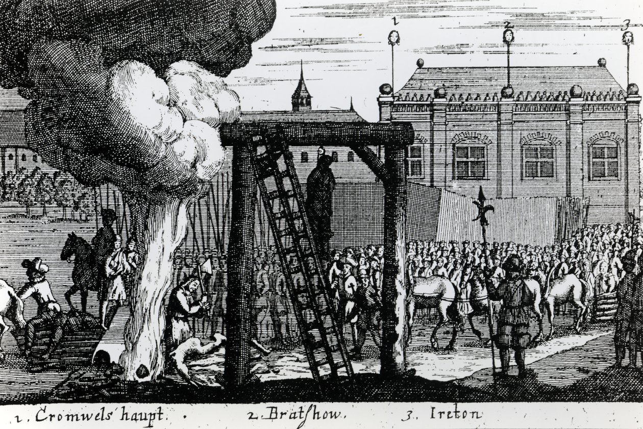 Henrettelsen av Oliver Cromwell, John Bradshaw og Henry Ireton, ca. 1661 av English School
