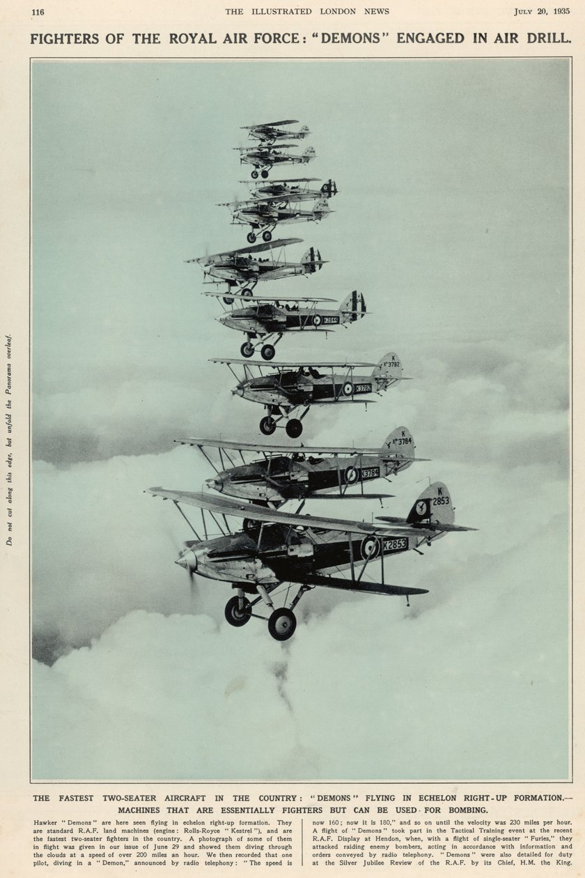 Det raskeste toseters flyet i landet: Demoner som flyr i formasjon rett opp, fra The Illustrated London News Royal Naval and Military Number, 20. juli 1935 av English School