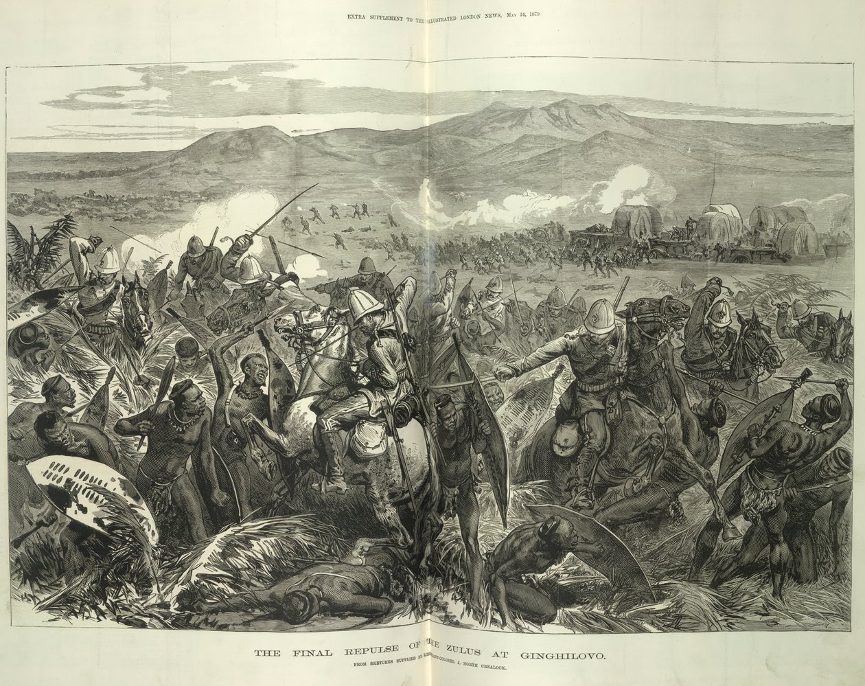 The Final Repulse of the Zulus at Ginghilovo, fra skisser levert av oberstløytnant J. North Crealock. Illustrasjon fra 