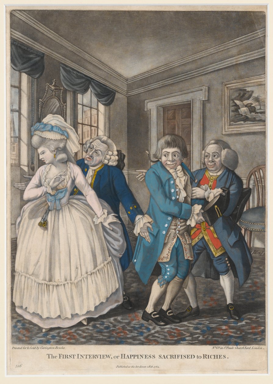 The First Interview, or Happiness Sacrificed to Riches, 1784 (håndfarget mezzotint) av English School