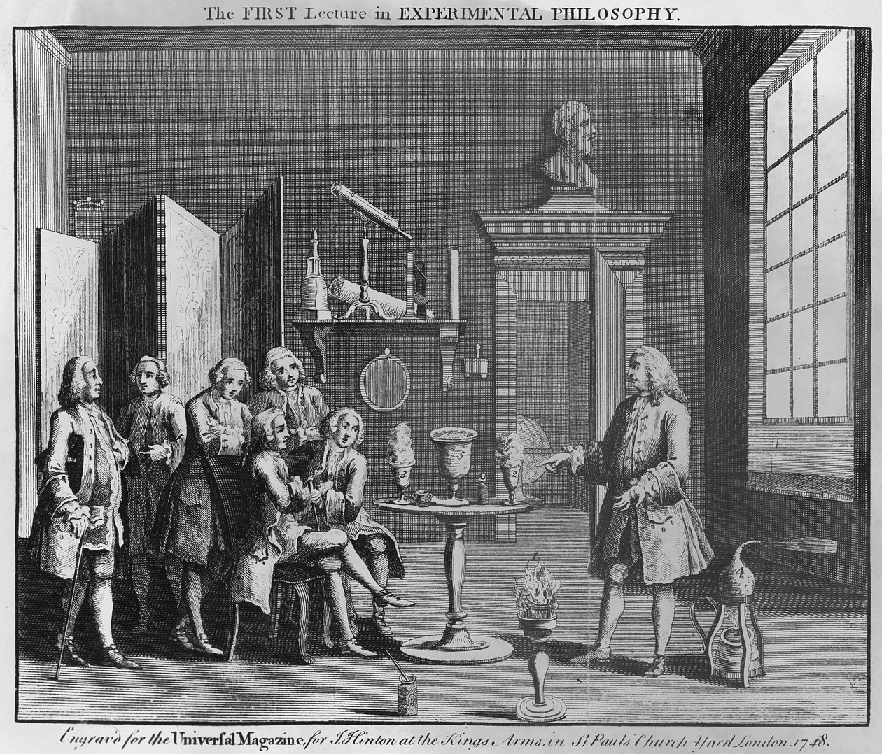 Den første forelesningen i eksperimentell filosofi, gravert for Universal Magazine, 1748 av English School