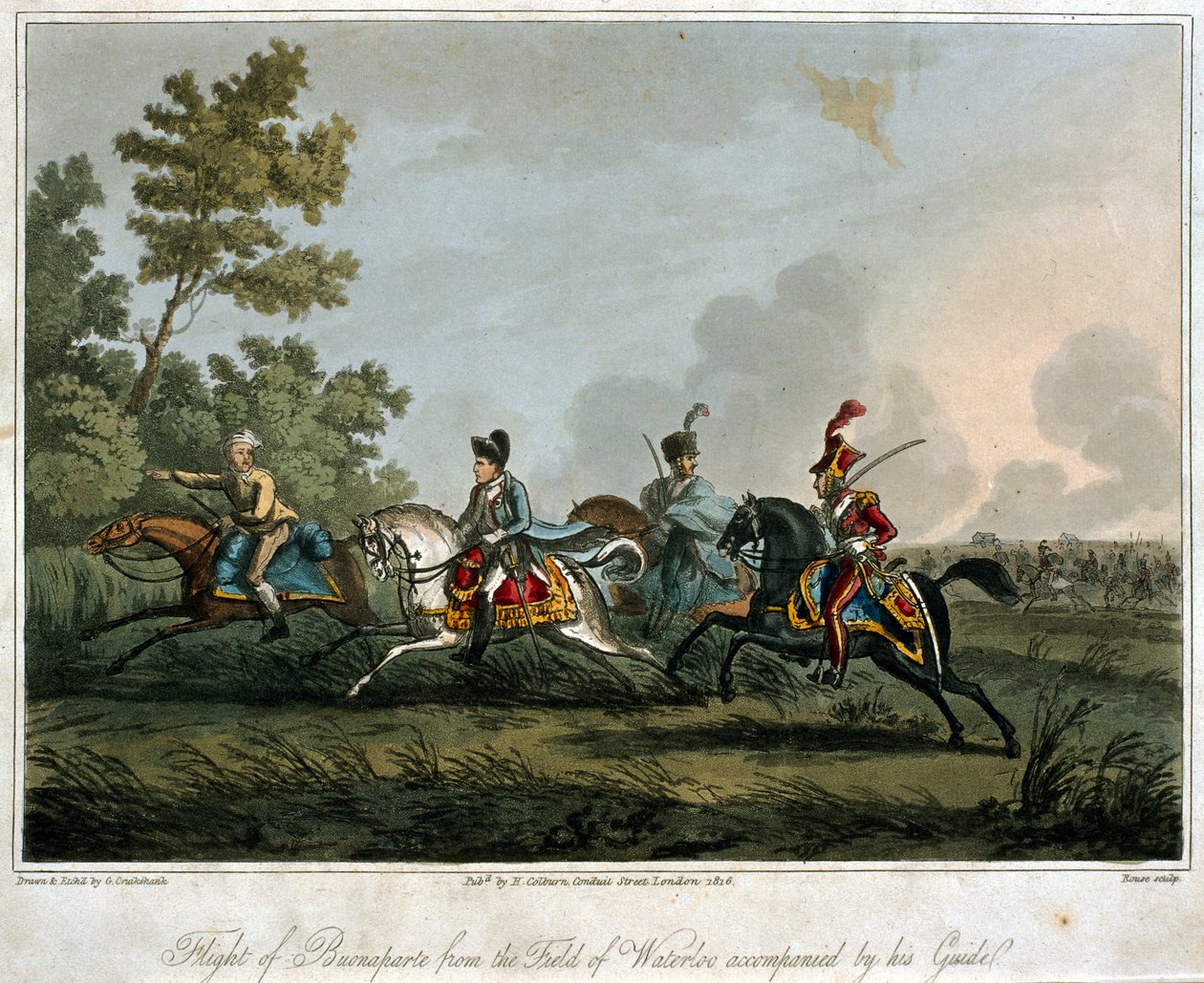 The Flight of Bonaparte (1769-1821) fra feltet Waterloo i 1815, 1817 (akvatint) av English School