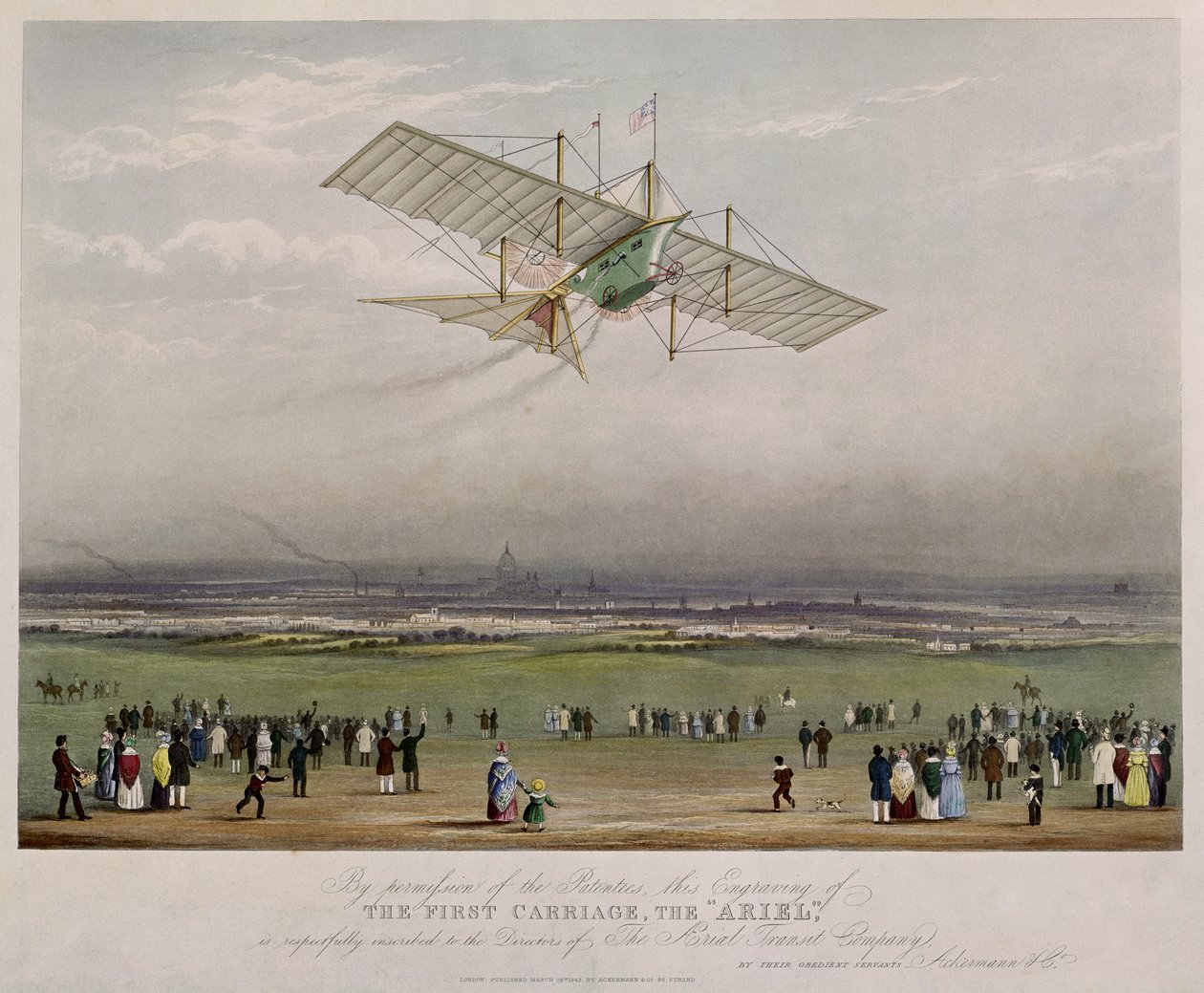 The Flying Machine, Ariel, fra design utarbeidet av W.S. Henson i 1842, utgitt av Ackermann & Co., 1843 av English School