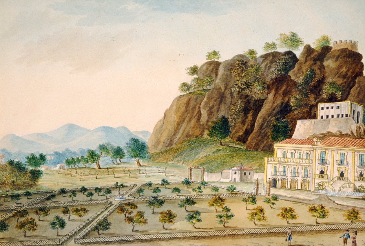 Den formelle hagen ved La Favorita eller Palazzo Cinese, Palermo, designet for kong Fernando IV, ca. 1815 (wc på papir) av English School