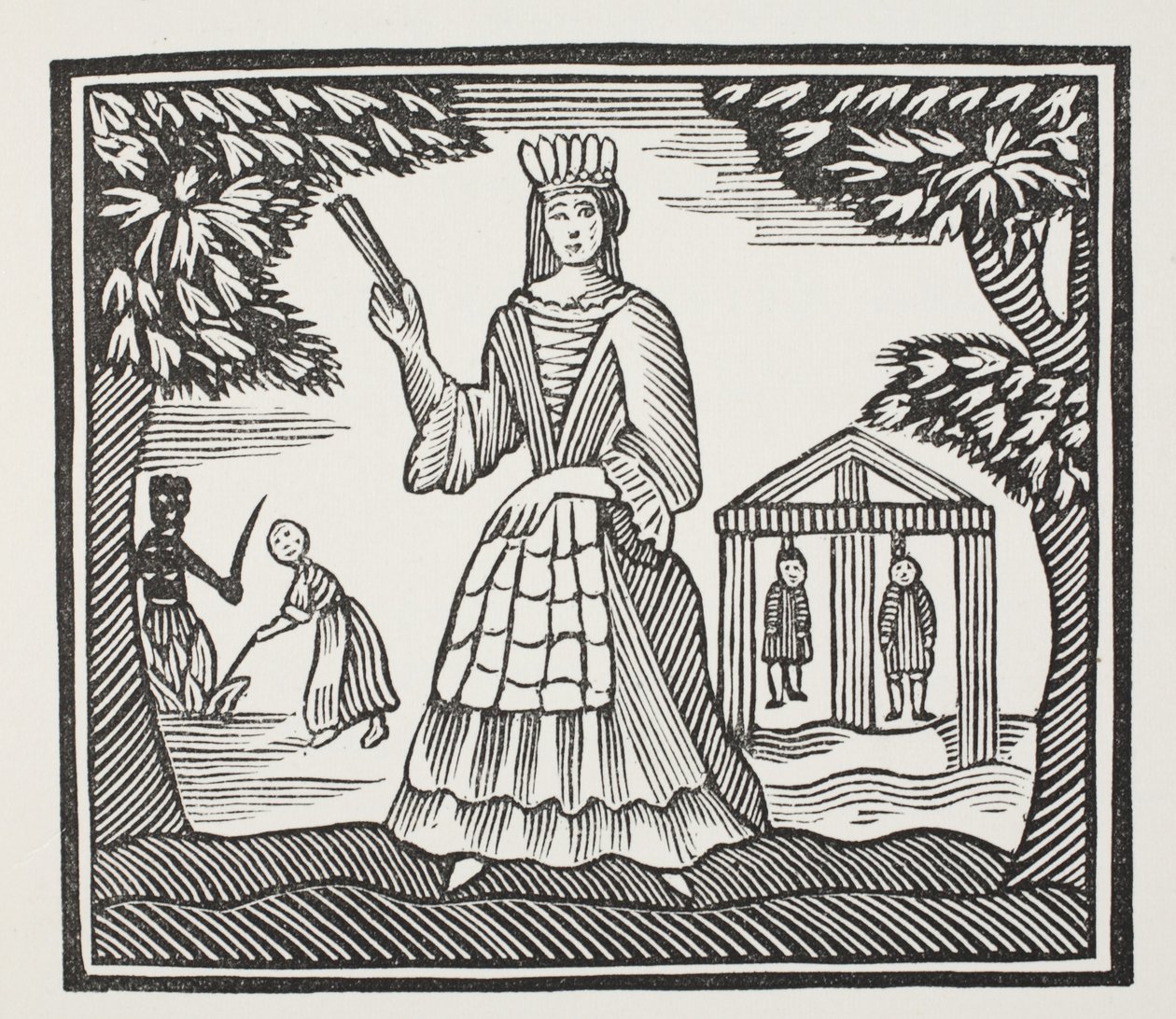 The Fortunes and Misfortunes of Moll Flanders, som ble født i Newgate, illustrasjon fra Chap-books of the Eighteenth Century av John Ashton, pub. 1882 av English School