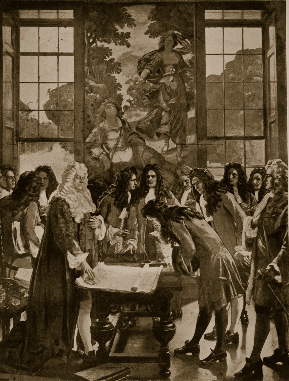 The Founding of the Bank of England, 1694, illustrasjon fra Hutchinsons Story of the British Nation, ca. 1923 av English School