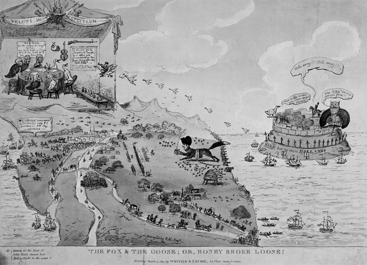 The Fox and the Goose, karikatur av Napoleon (1769-1861) rømte fra Elba, 1815 av English School