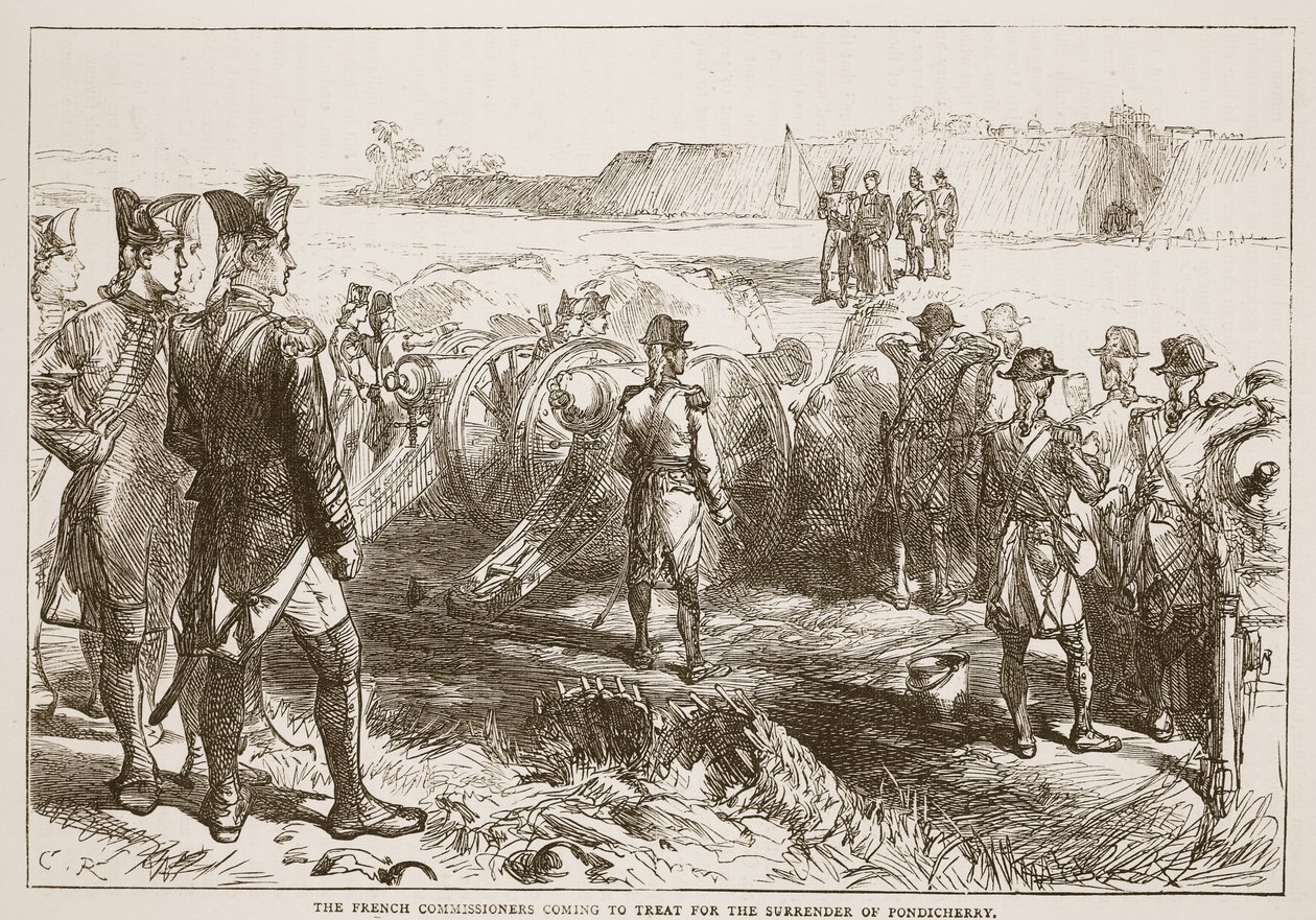 De franske kommissærene kommer for å behandle for overgivelsen av Pondicherry, illustrasjon fra Cassells Illustrated History of India av James Grant, pub. 1879 av English School