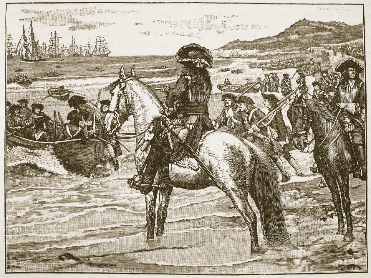 Franskmennene som trekker seg tilbake fra Torbay, illustrasjon fra Cassells Illustrated History of England (sepiafoto) av English School