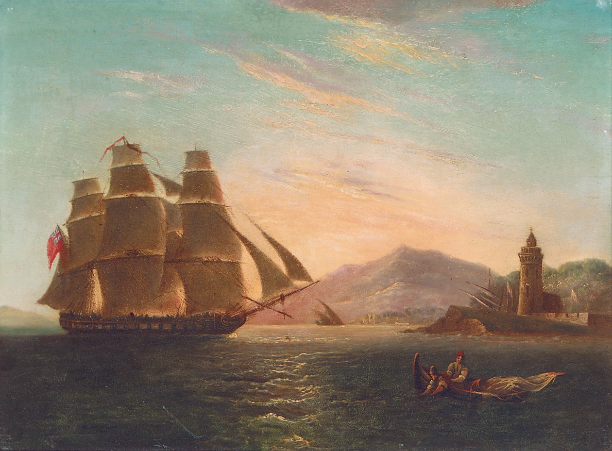 Fregatten HMS Pearl, 32 kanoner, går inn i Faro, Messina av English School