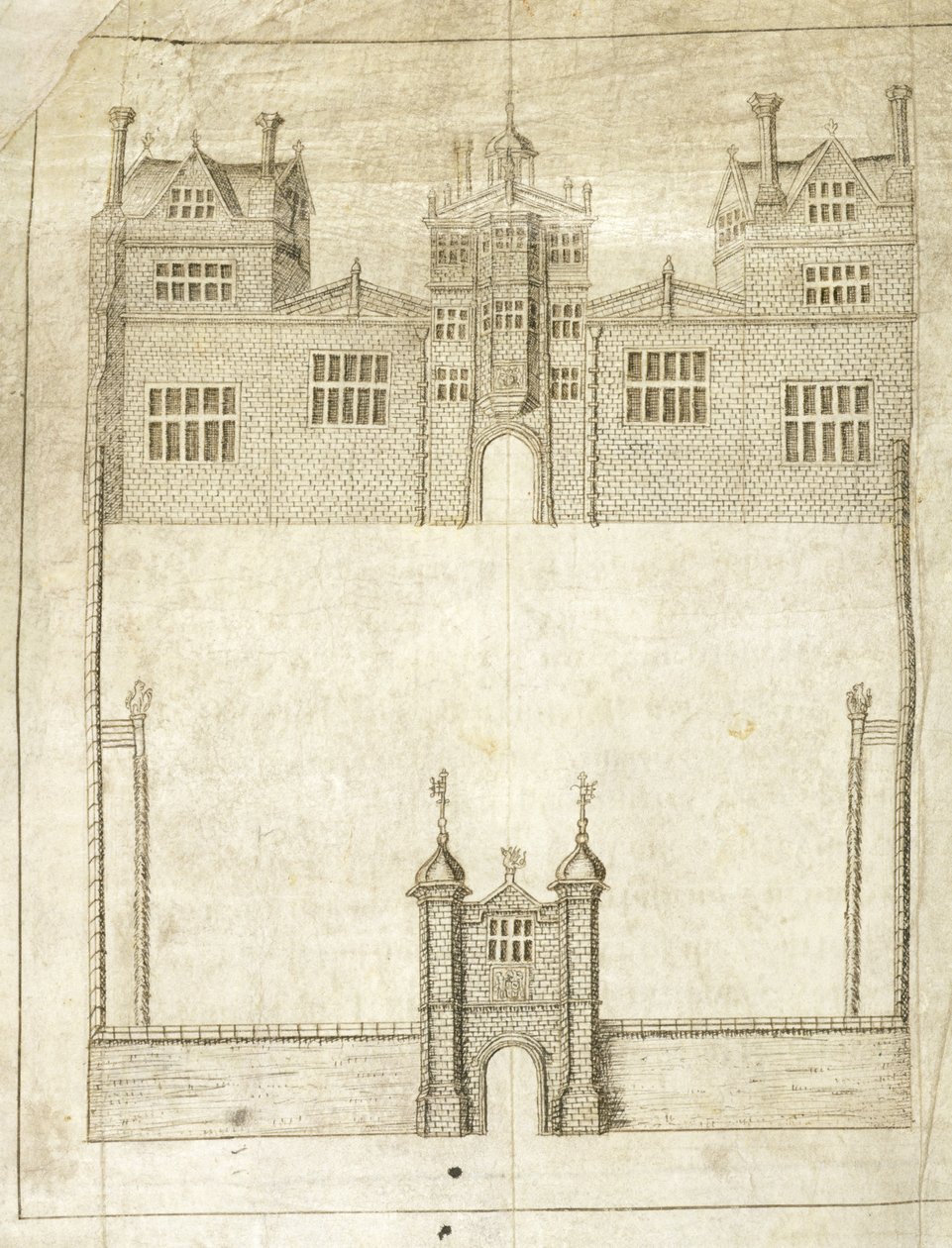 The Front of Wilton House, detalj fra Survey of Lands for 1st Earl of Pembroke, 1566 (penn og blekk på vellum) av English School