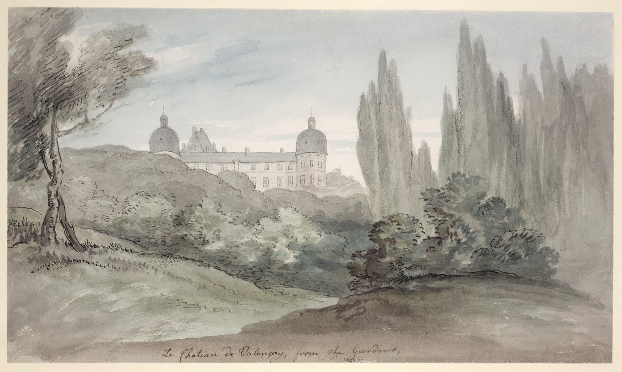 The Gardens of the Chateau of Valencay, ca. 1770 (penn og blekk og wc på papir) av English School