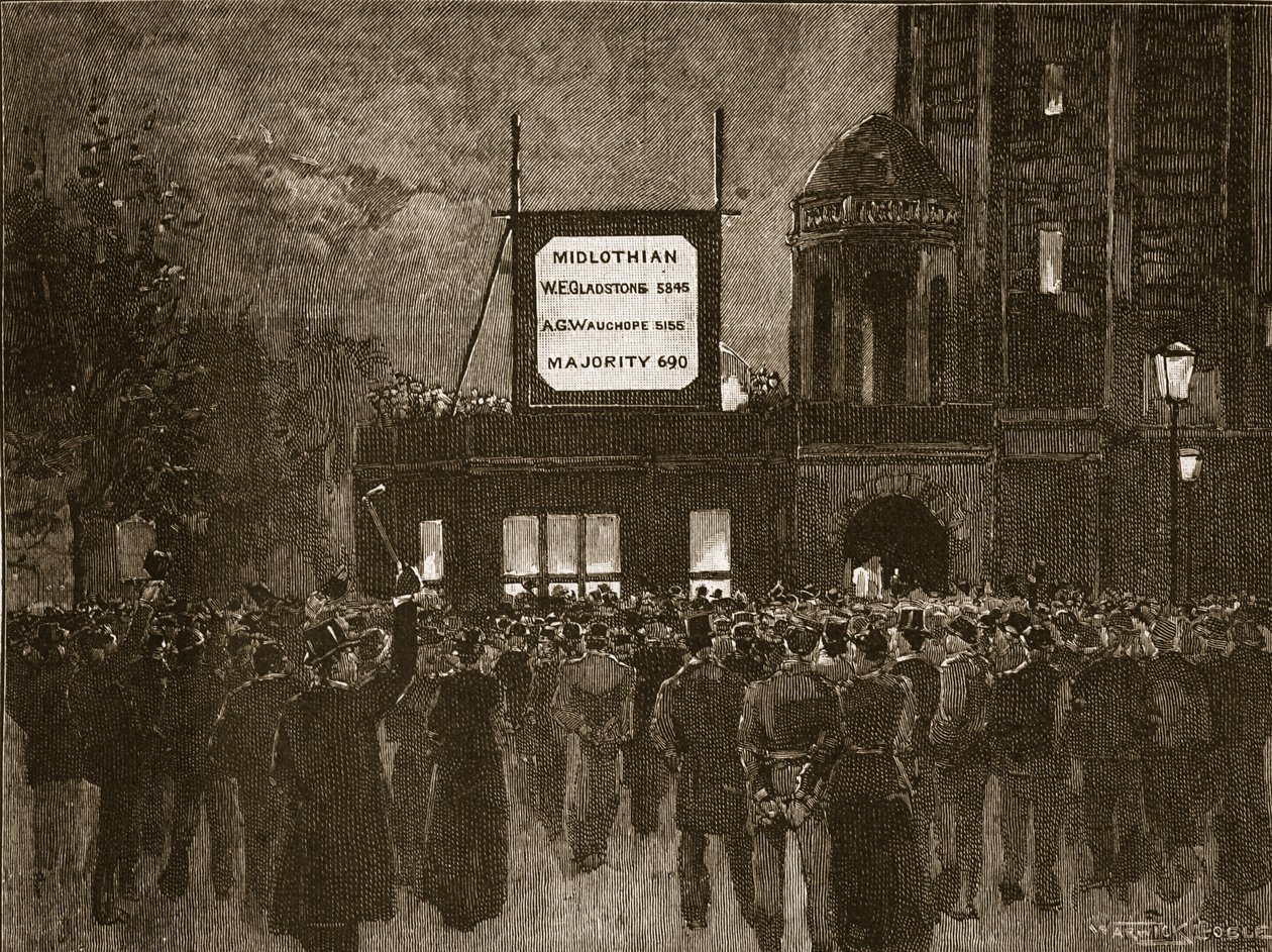 Generalvalget i 1892: Kunngjøring av resultater ved National Liberal Club, illustrasjon fra Cassells Illustrated History of England (sepia-foto) av English School