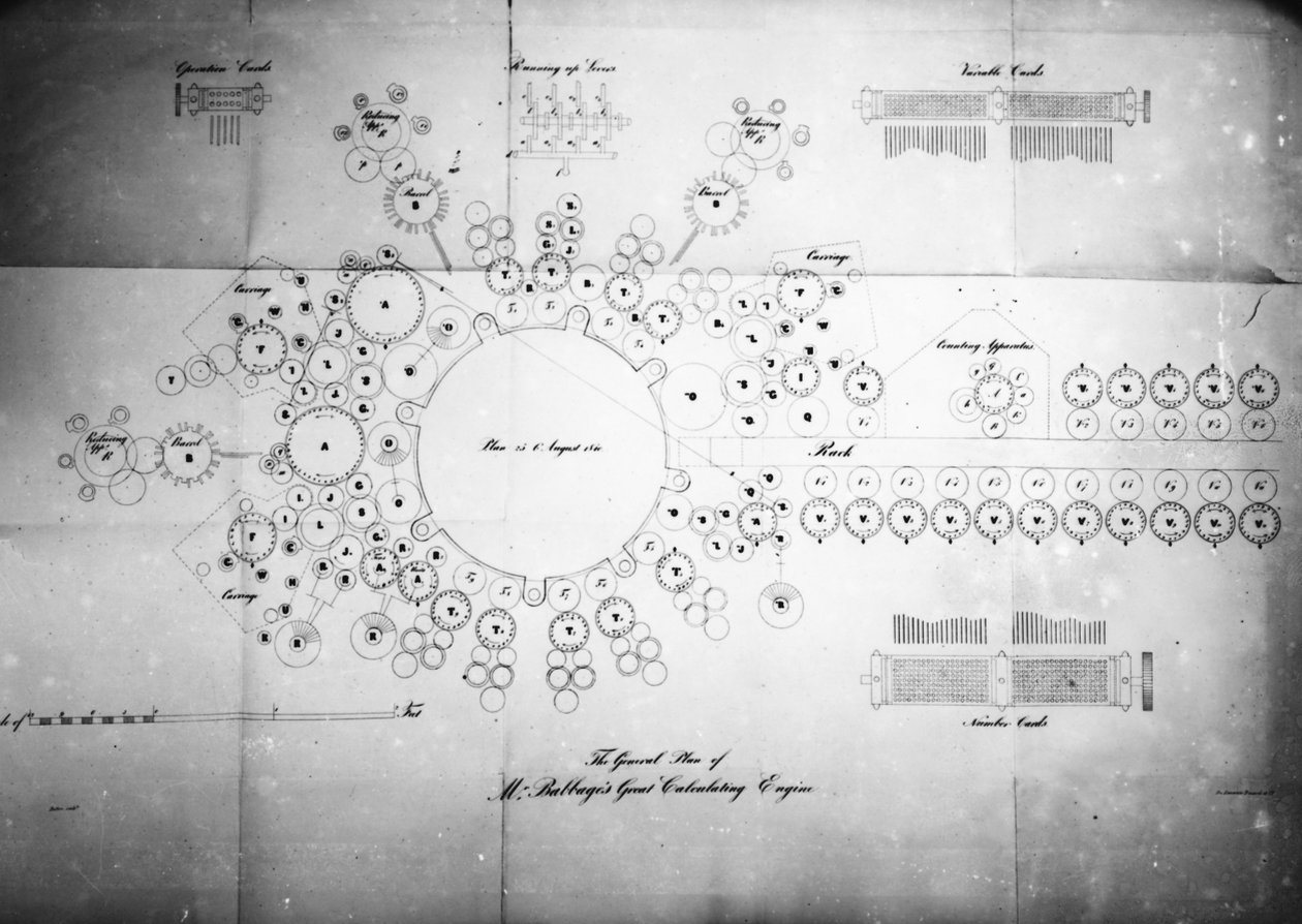 Den generelle planen til Mr Babbages Great Calculating Engine, gravert av Bolton, trykt av Lemercier Bernard & Co av English School