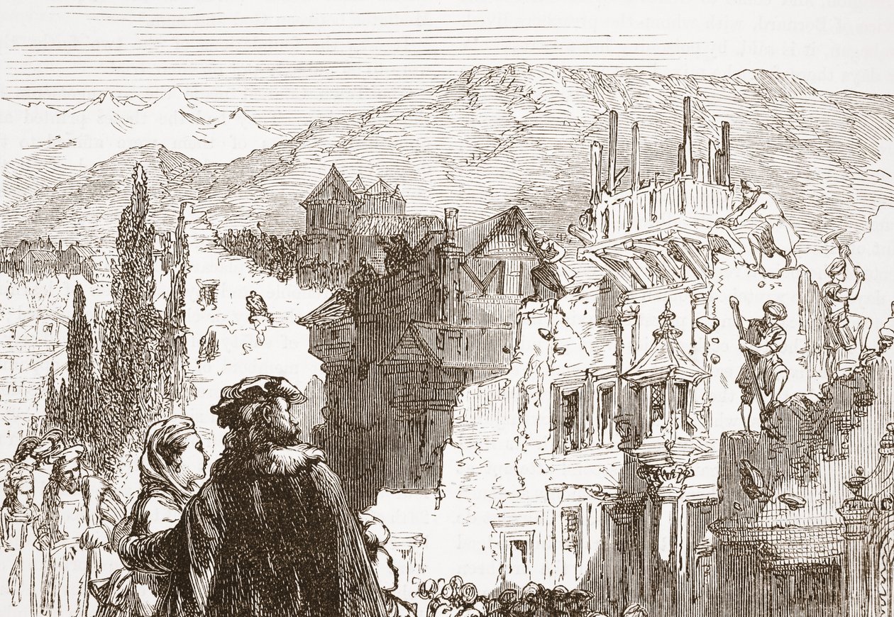 Genevanerne ødelegger forstedene til byen deres, illustrasjon fra The History of Protestantism av James Aitken Wylie (1808-1890), pub. 1878 av English School