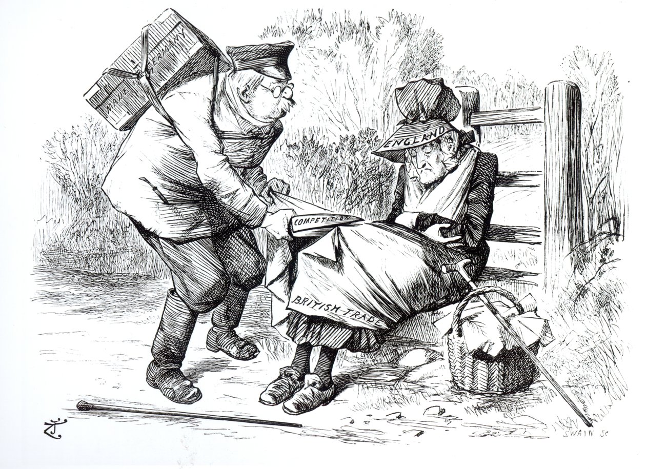 Den tyske kommersielle reisende som stjeler markedsandeler fra den britiske handelen, karikatur fra Punch, The London Charivari, 5. september 1896 av English School