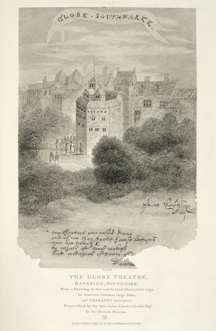 The Globe Theatre, Bankside, Southwark, etter en tegning fra Pennants London, først utgitt 1793, gravert av James Stow (ca. 1770-s. 1820), publisert 1812 av English School