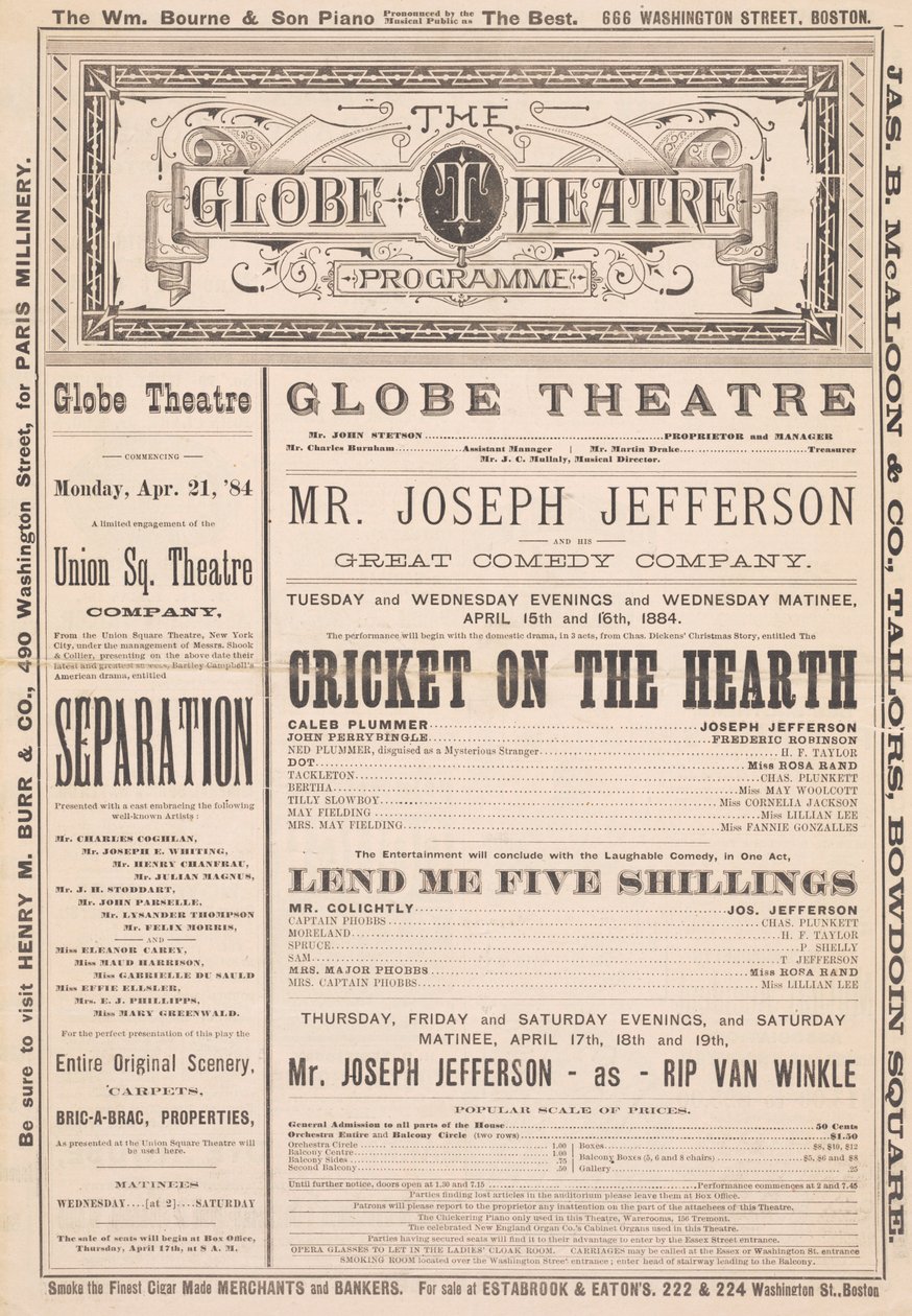 The Globe Theatre Programme, 21. april, 1884 av English School