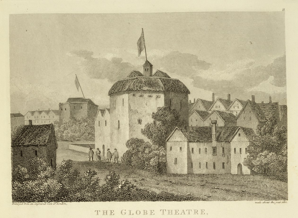 The Globe Theatre on the Bankside slik det så ut under James I (1566-1625) regjeringstid, etter en gravering ca. 1612, publisert 1810 av English School