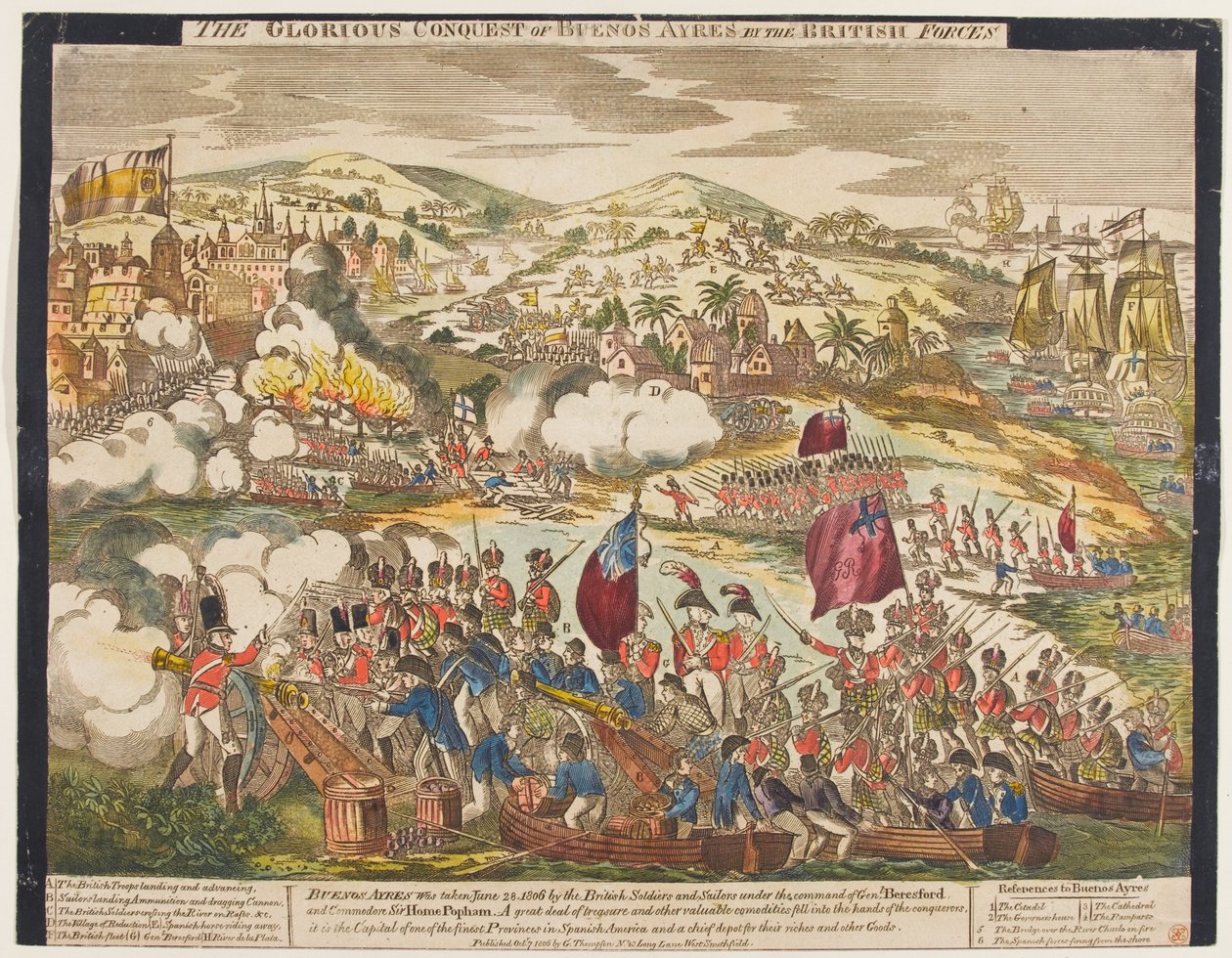 The Glorious Conquest of Buenos Aires av de britiske styrkene, 27. juni 1806, utgitt av G. Thompson, 1806 (farget tresnitt) av English School