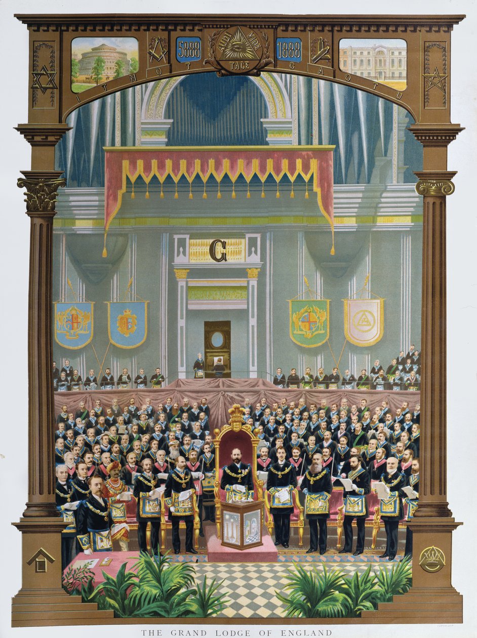 Storlogen i England stemmer gratulasjonsjubileumsadressen til Hennes Majestet Dronning Victoria i Albert Hall, London, 13. juni 1887 av English School