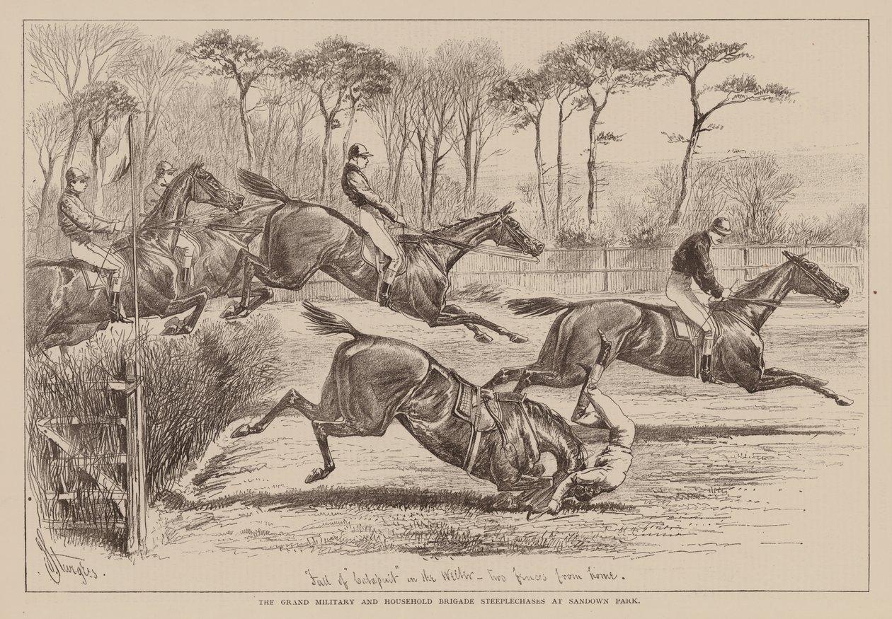 De store militær- og husholdningsbrigadens hinderløp i Sandown Park (gravering) av English School