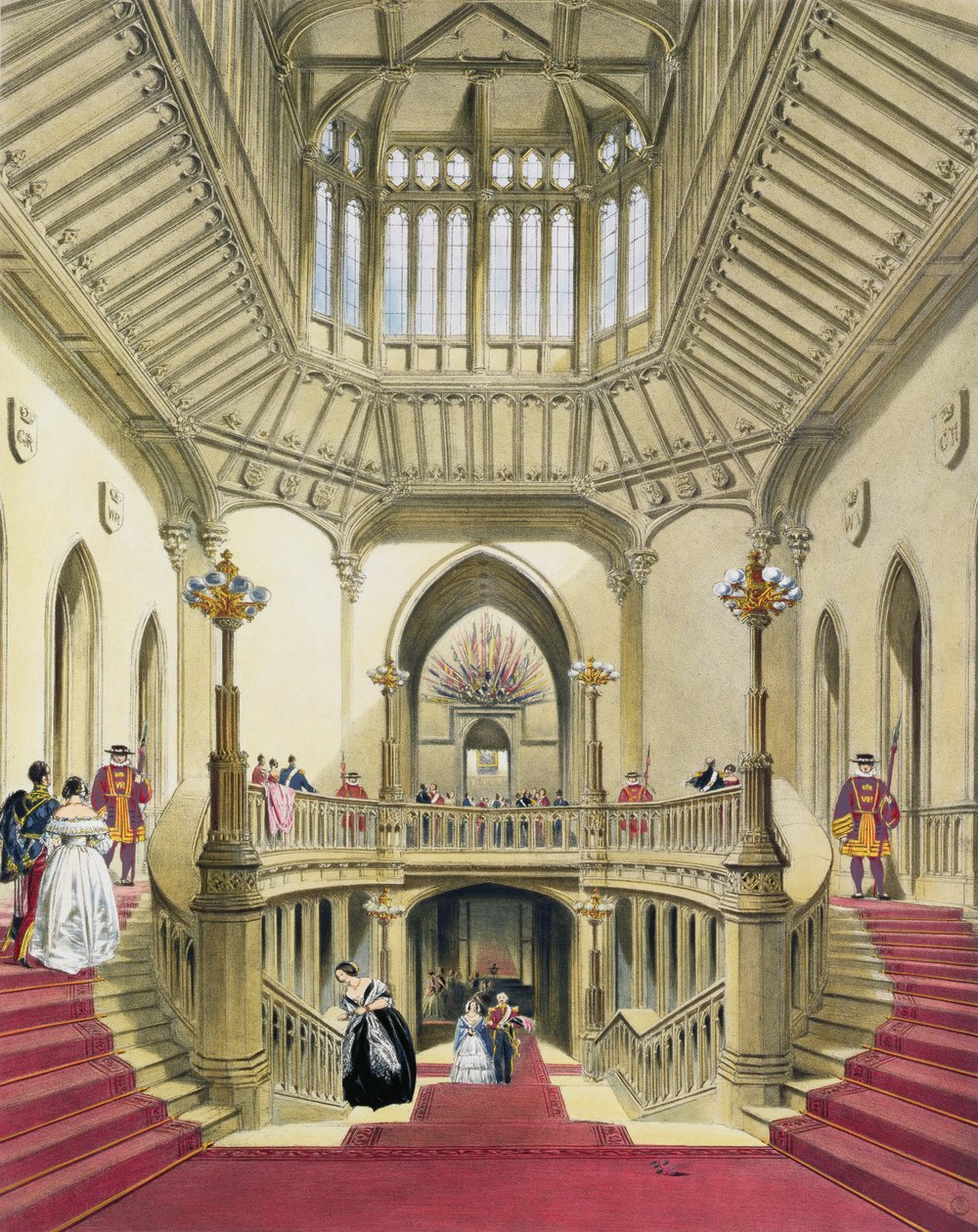 The Grand Staircase, Windsor Castle, fra A History of the Royal Residences av William Henry Pyne (1760-1943), 1838 (akvatint) av English School