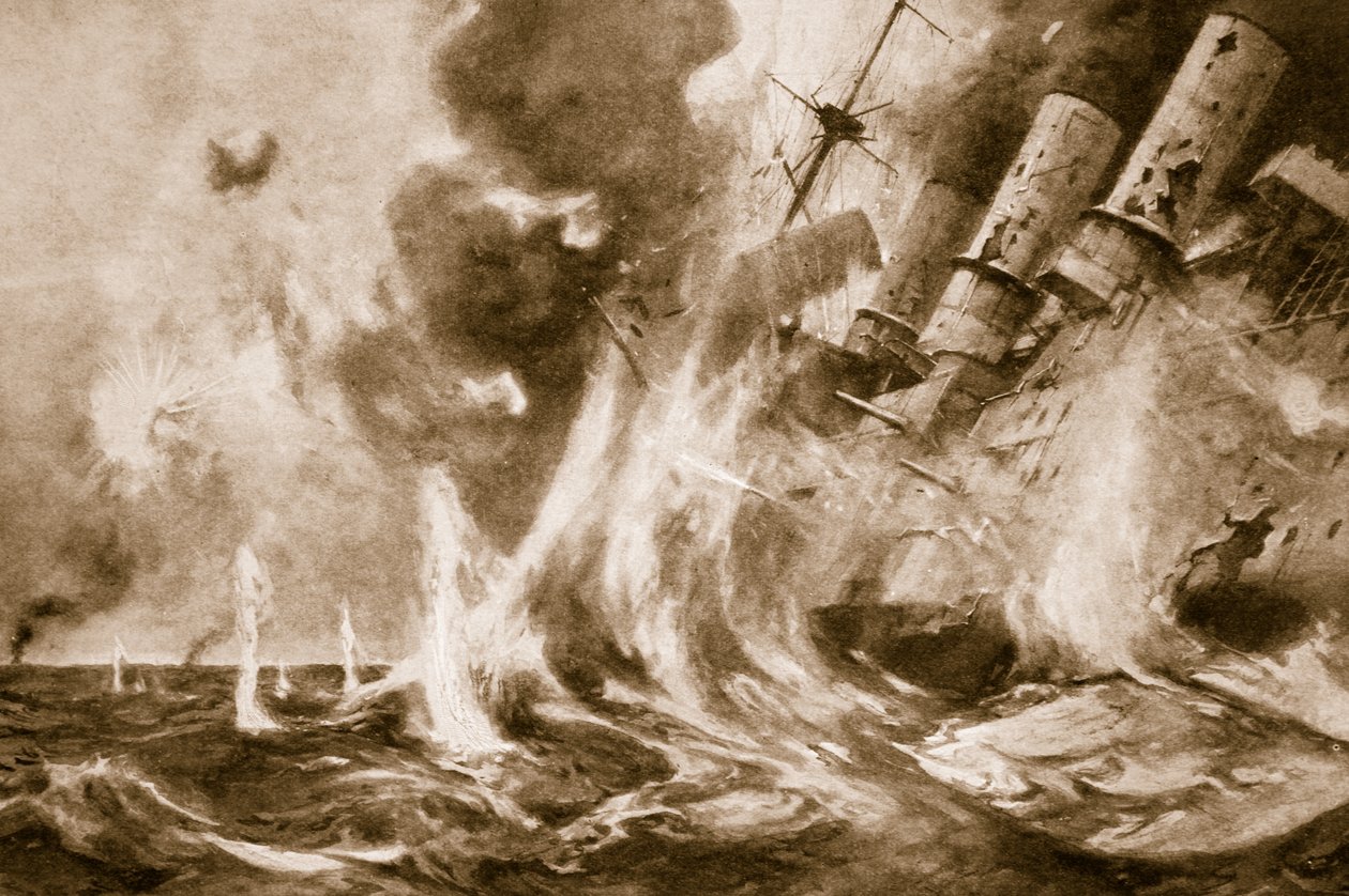 Den store britiske seieren utenfor Falklandsøyene: Den tyske admiralen går ned med flaggskipet sitt, 1914-19 av English School