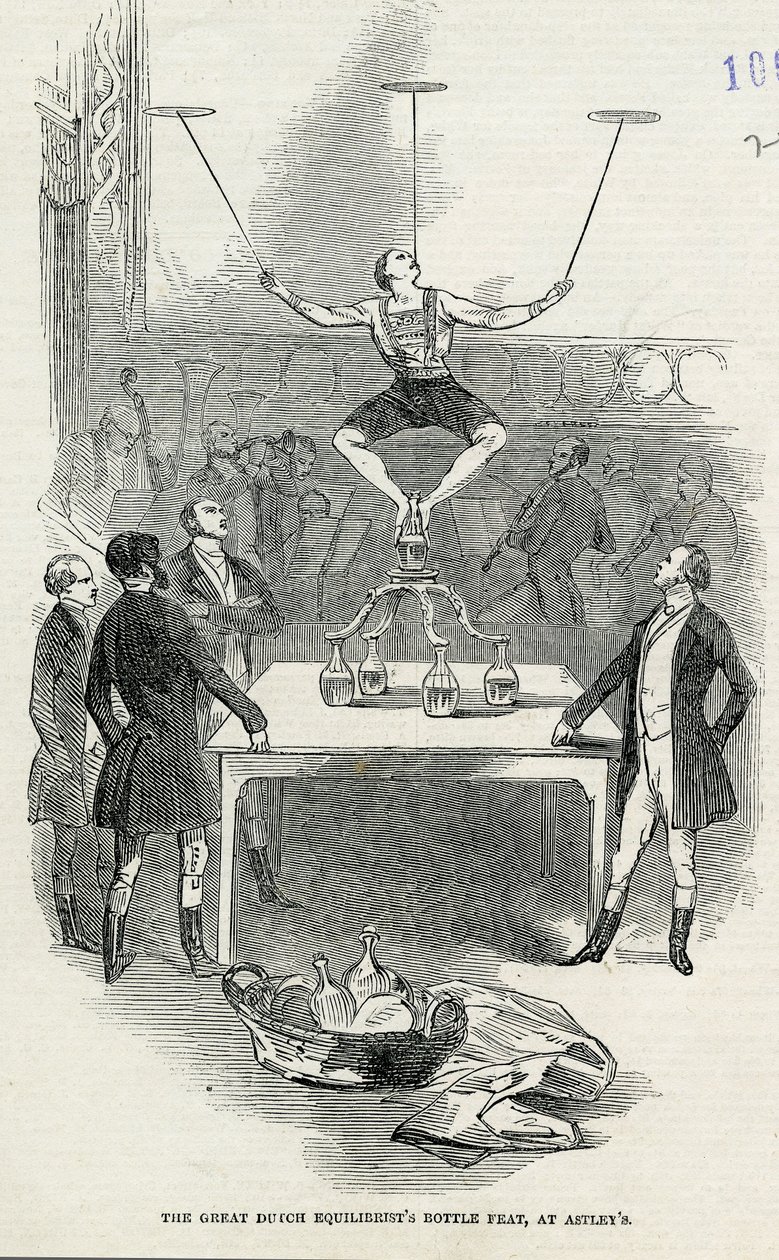 The Great Dutch Equilibrists Bottle Feat at Astleys, illustrasjon hentet fra den illustrerte London News, 1846 av English School