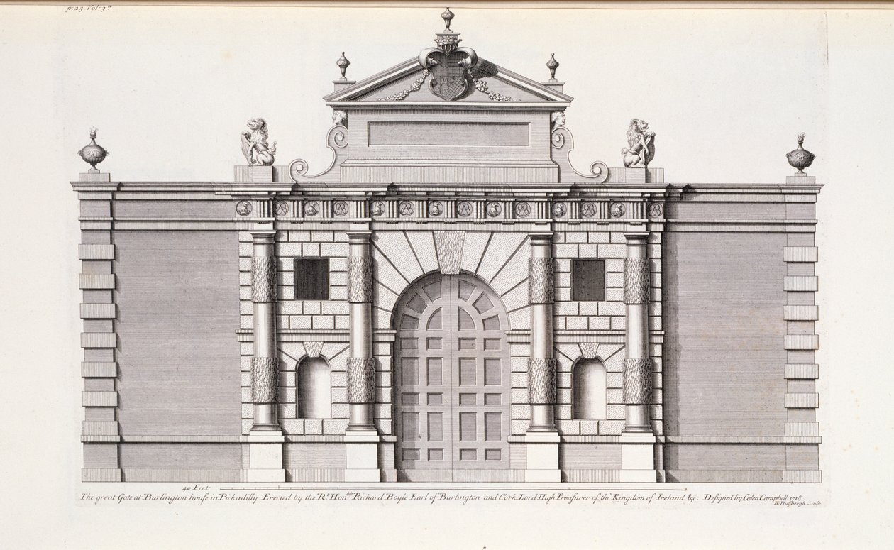 Den store porten ved Burlington House, Piccadilly, fra "Vitruvius Britannicus or The British Architect" av Colen Campbell av English School