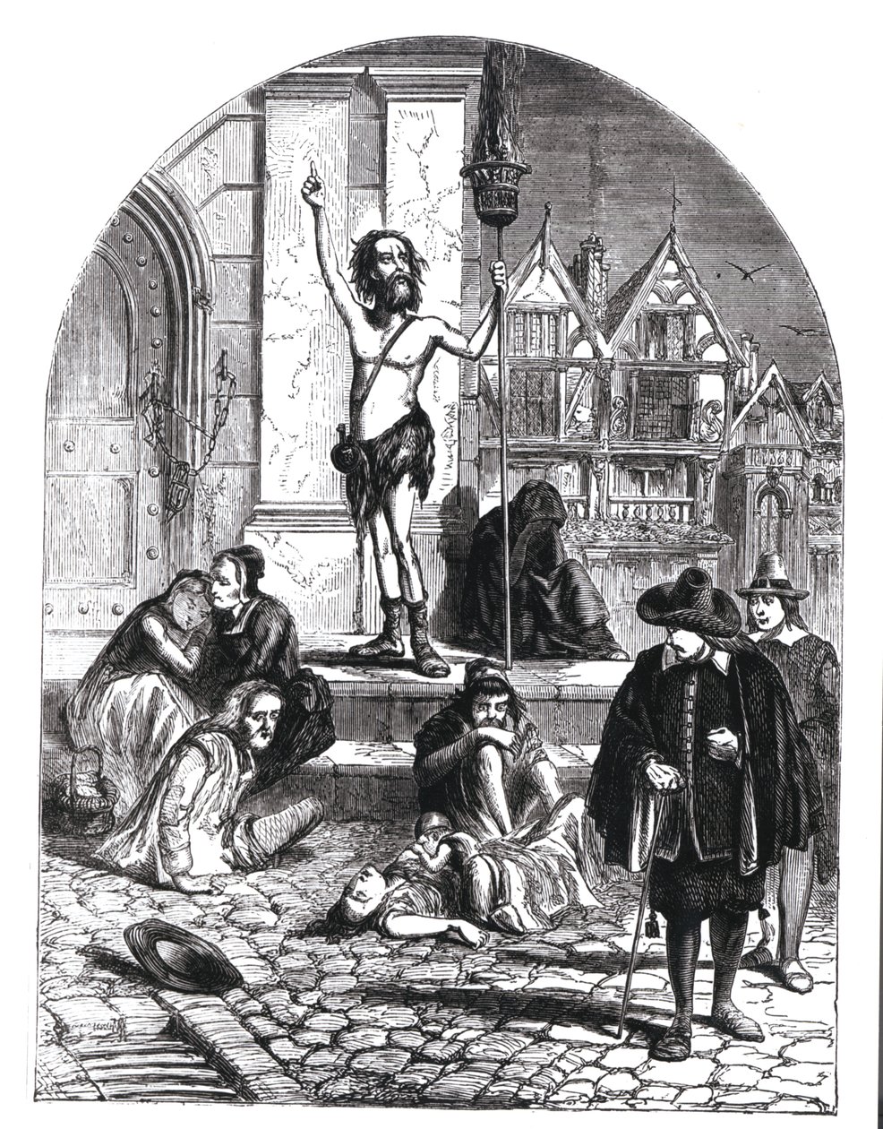 Den store pesten i 1665, entusiasten fordømte London (gravering) (bw-bilde) av English School