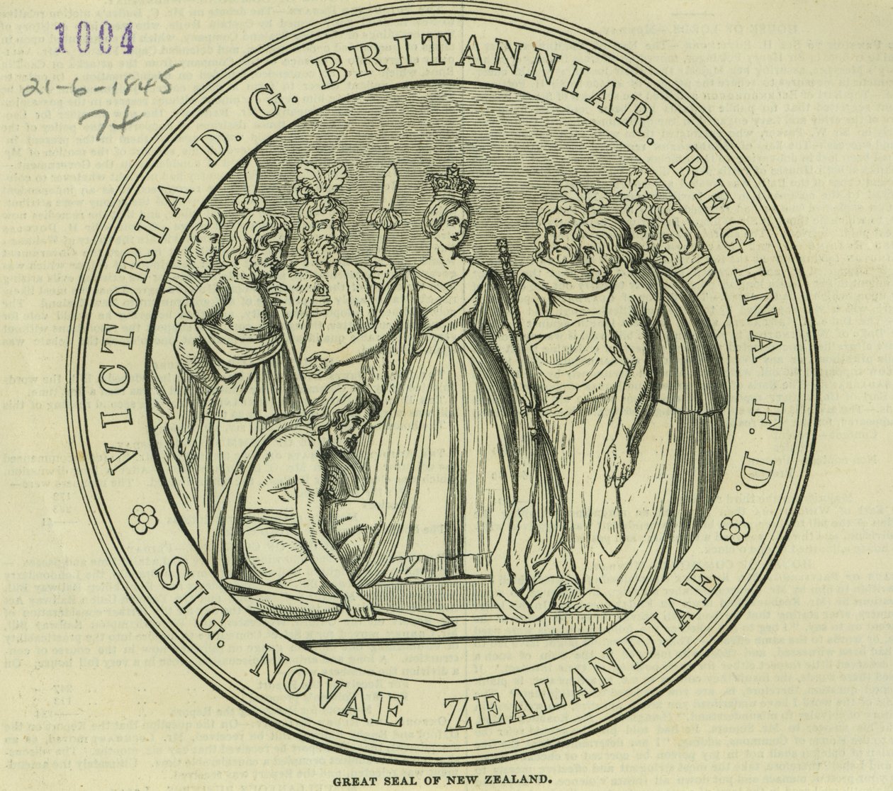 The Great Seal of New Zealand, fra The Illustrated London News, 21. juni 1845 av English School