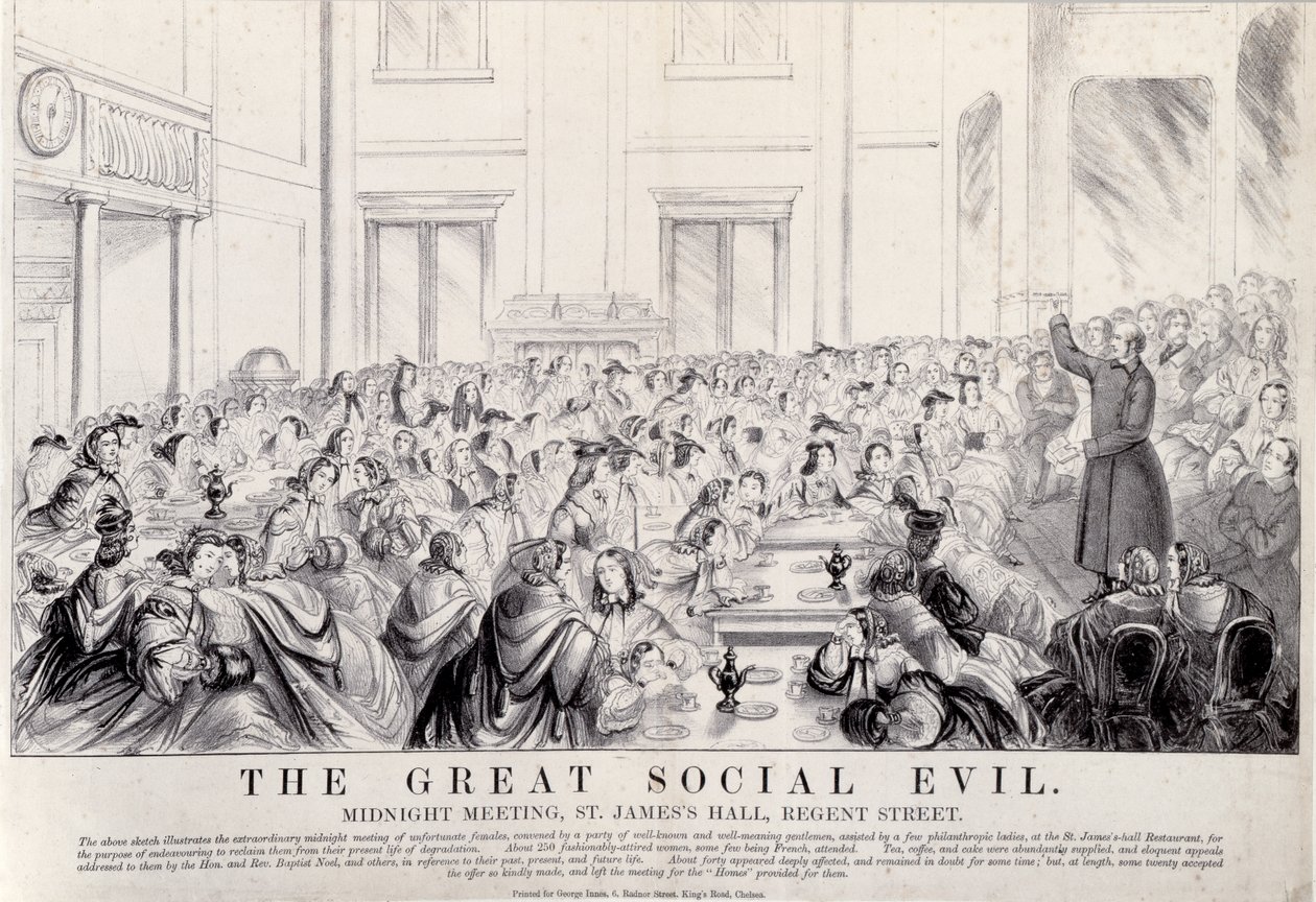 The Great Social Evil: Midnight Meeting, St. Jamess Hall, Regent Street, ca. 1860-tallet av English School