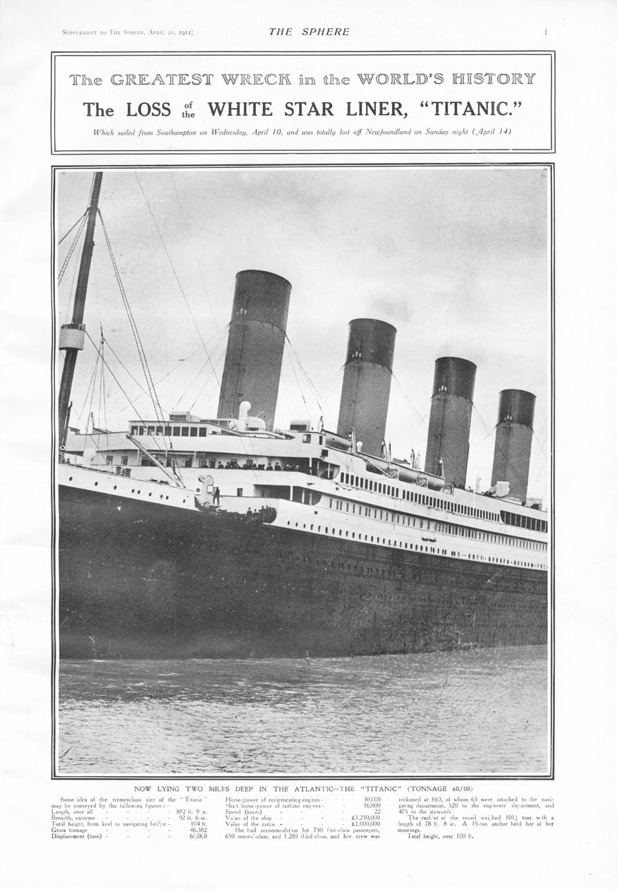 The Greatest Wreck in the Worlds History - The Loss of the White Star Liner, Titanic, from The Sphere, 20. april 1912 av English School