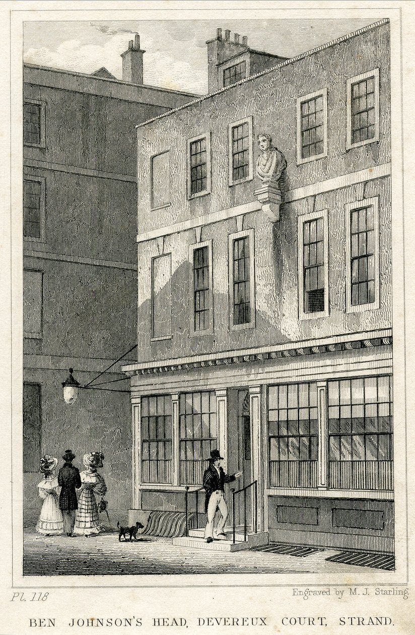 The Grecian Coffee House, Devereux Court, Strand, featuring a bust of Ben Johnson (engraving) av English School