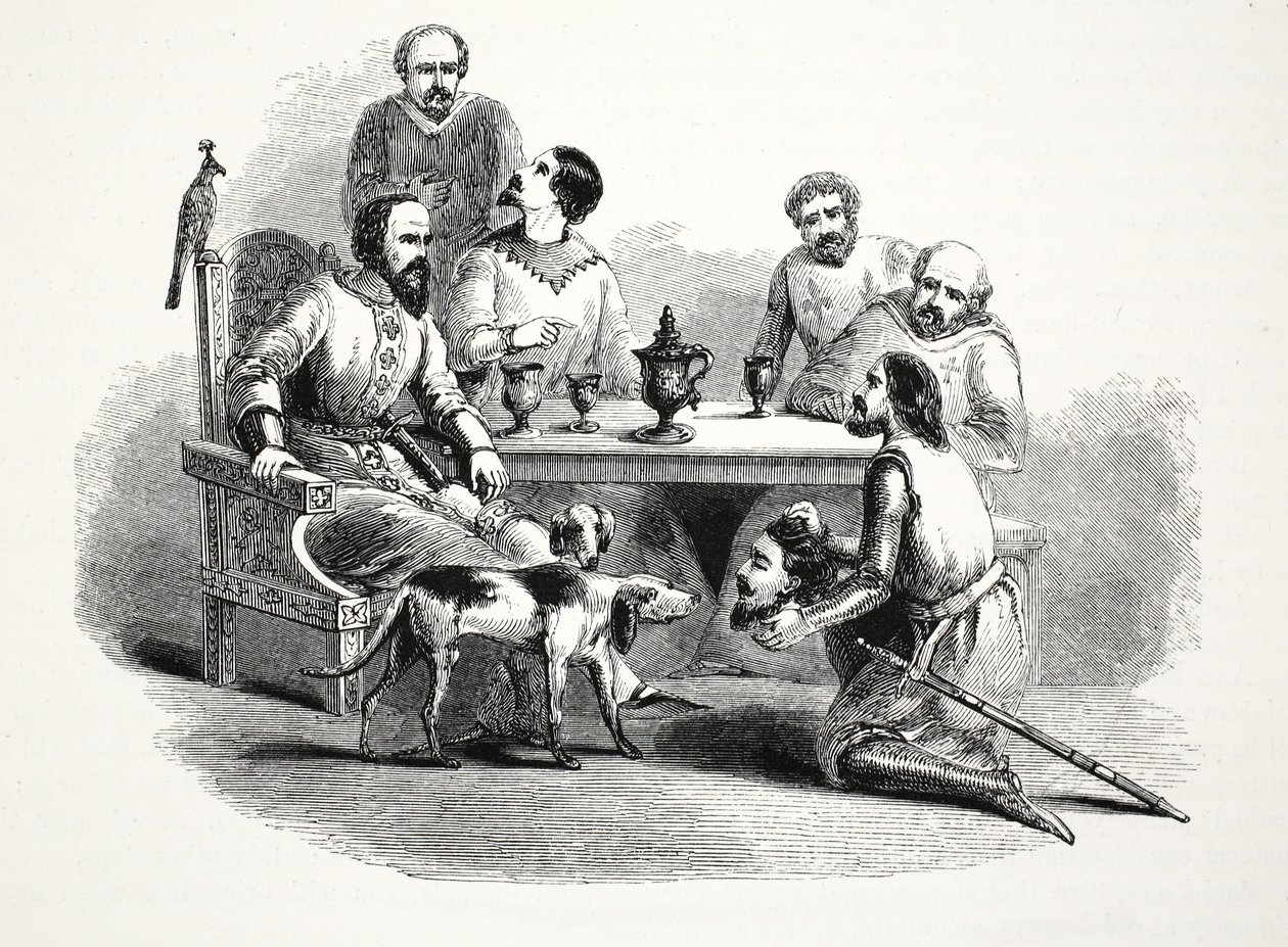 The Head of Llewelyn brakt til Edward på Conway Castle, pub. 1800-tallet (stålgravering) av English School