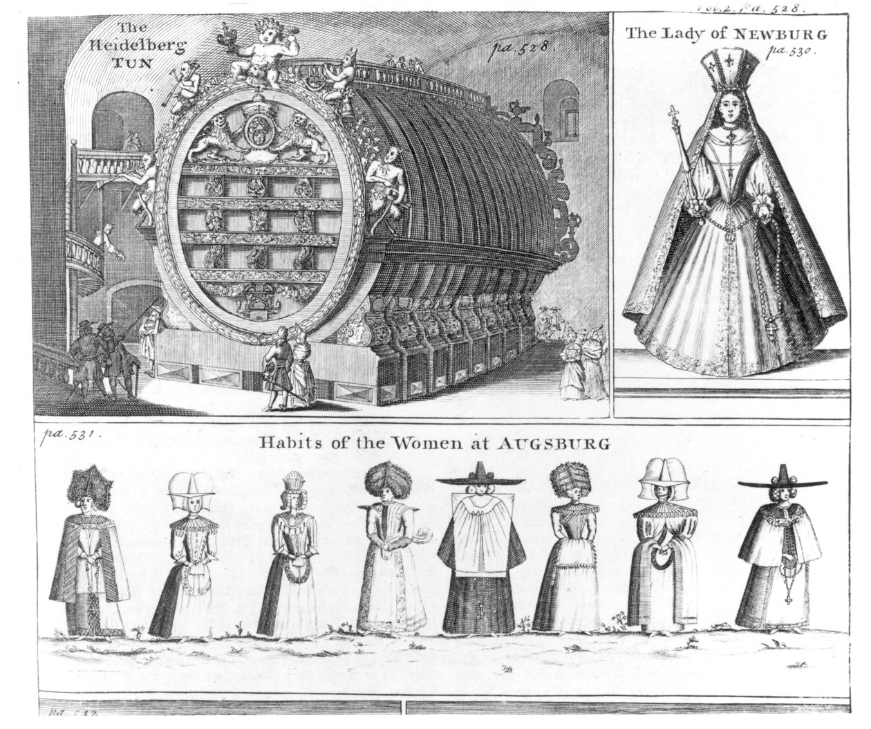 Heidelberg Tun, The Lady of Newburg and Habits of the Women of Augsburg, fra Missons Nouveau voyage dItalie publisert i Navigantium atque Itinerantium Bibliotheca av Harris, revidert utgave, 174 av English School