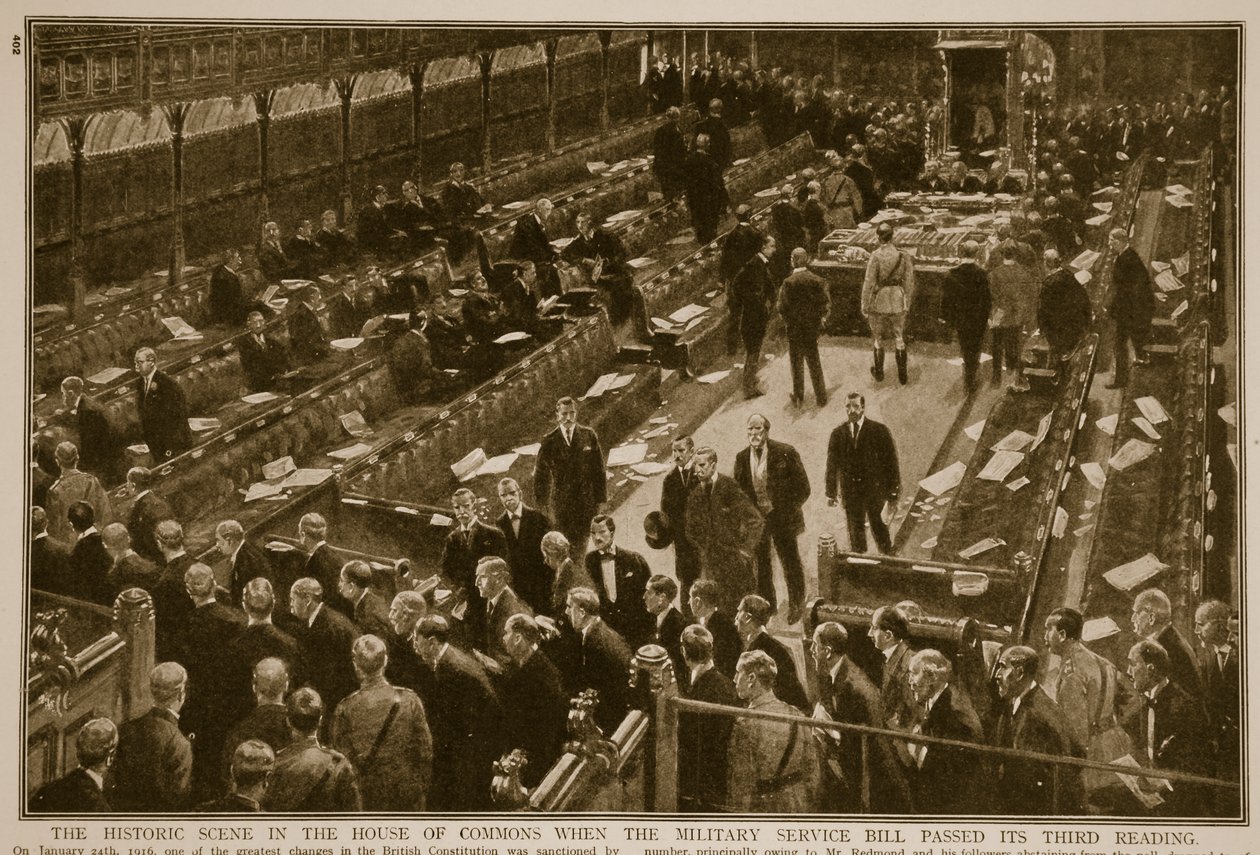 Den historiske scenen i Underhuset da lovforslaget om militærtjeneste vedtok sin tredje behandling, 1914-19 av English School