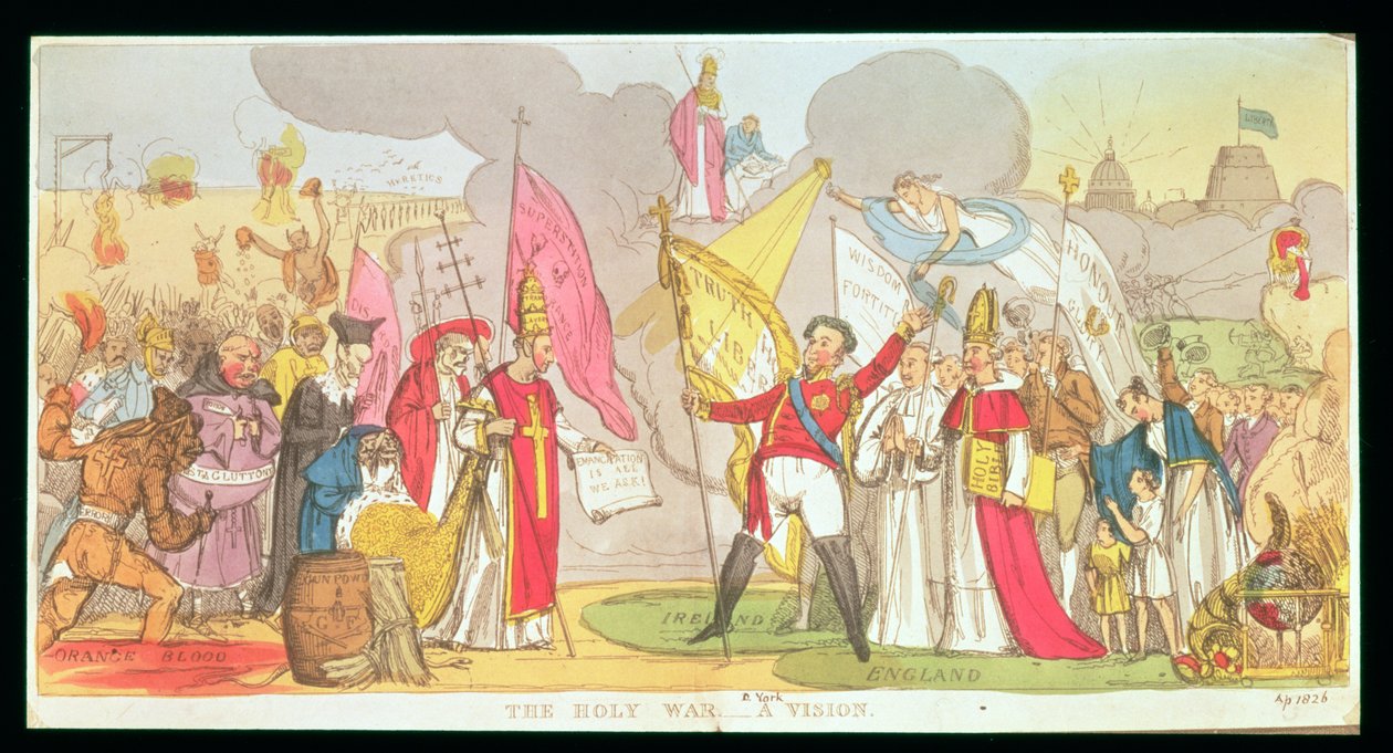 The Holy War - A Vision , satirisk tegneserie av kampen for katolsk frigjøring i Irland, 1826 av English School