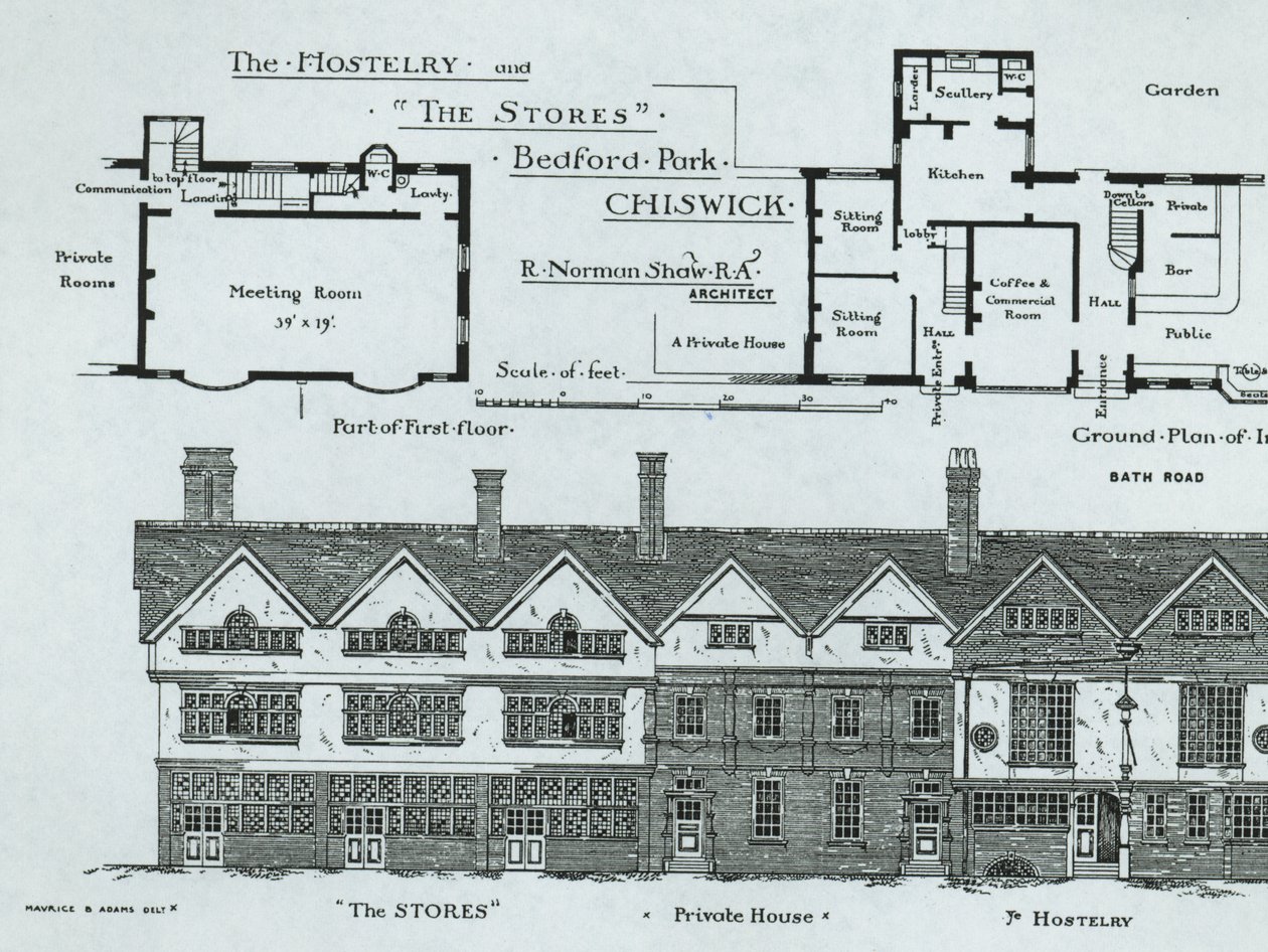 The Hostelry and The Stores, Bedford Park, Chiswick, fra The Building News, 1877 av English School