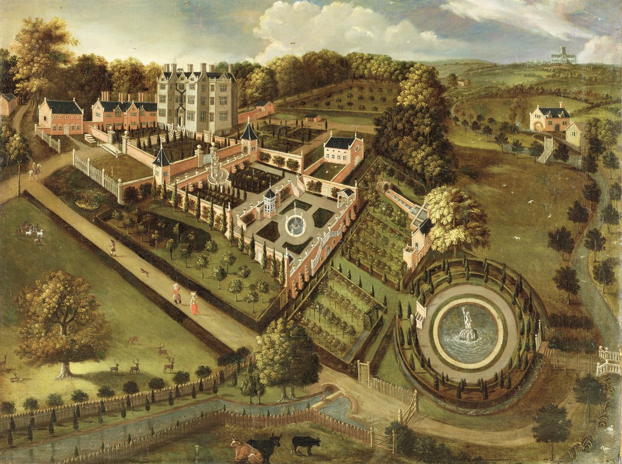 Huset og hagen til Llanerch Hall, Denbighshire, ca. 1662-72 av English School
