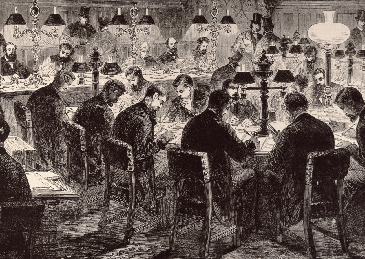 The House of Commons: The Reporter's Room, fra 'The Illustrated London News', 18. februar 1882 av English School