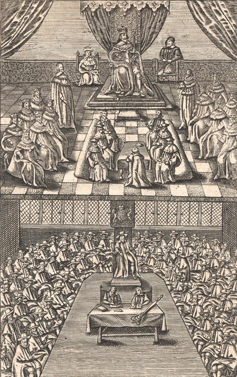 House of Lords og House of Commons under kong Charles I, ca. 1640 (fargetresnitt) av English School