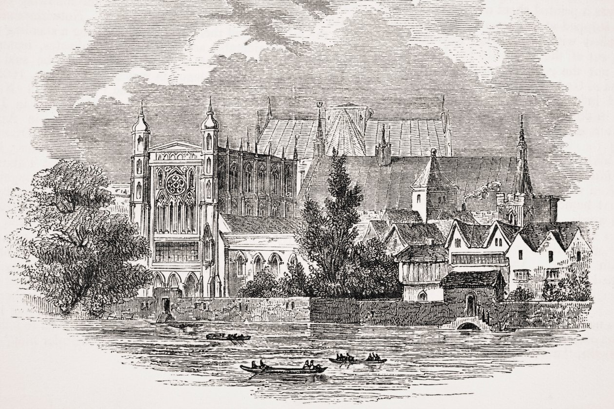 The Houses of Parliament fra elven på John Hampdens tid, fra 'Old England's Worthies' av Lord Brougham og andre, utgitt London, ca. 1880-tallet av English School
