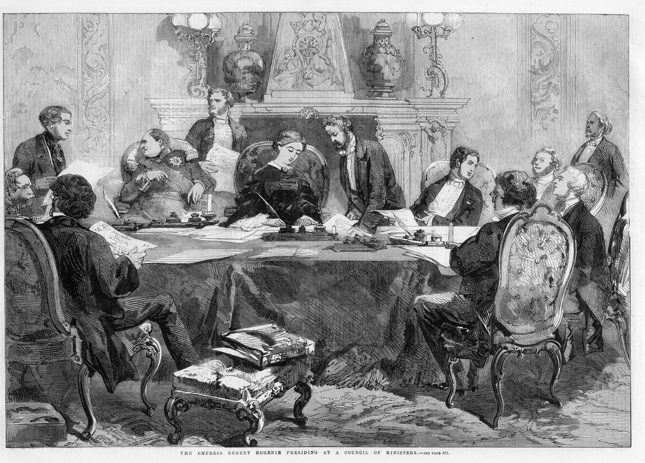 Impress Eugenie presiderer ved et ministerråd i Palais de l'Elysee - Keiserinneregenten Eugenie leder i et ministerråd. Illustrasjon for The Illustrated London News av English School