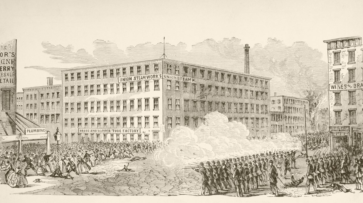 Hendelsen i Second Avenue under New York Draft Riots i juli 1863 (litho) av English School